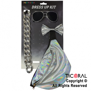 SET DISFRAZ METALIZADO PLATA CON ANTEOJOS, MOO, COLLAR Y BOLSITO RIONERA